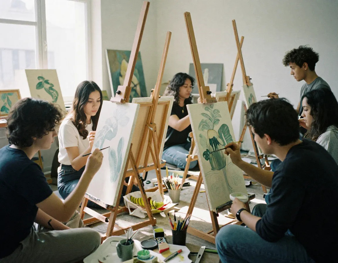 Deelnemers schilderen samen tijdens een art jam sessie in de studio, creativiteit en samenwerking